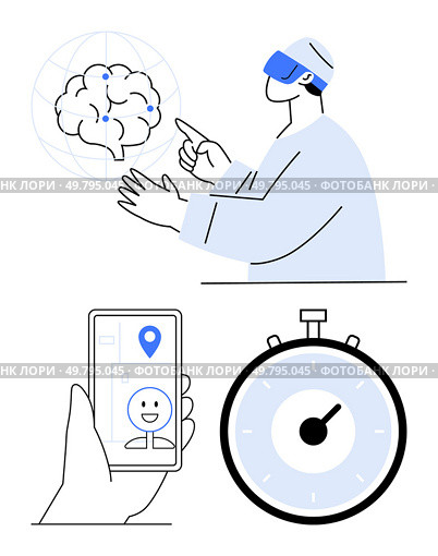 Man with AR headset interacting with digital brain hand holding smartphone with GPS and face detection stopwatch. Ideal for AR, AI, GPS, technology, innovation, time management, futurism. Line. Advanced Technologies AR Headset, AI Brain, Smartphone GPS, and Precision Timing. Стоковая иллюстрация, агентство Ingram Publishing / Фотобанк Лори