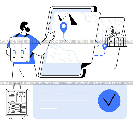 Man with backpack studying digital map, destinations marked. Packed suitcase, checkmark visible. Ideal for travel planning, vacations, digital mapping, exploring, packing tips logistic planning. Traveler examining digital map with marked locations, suitcase with packed clothes, and a checkmark symbol. Стоковая иллюстрация, агентство Ingram Publishing / Фотобанк Лори