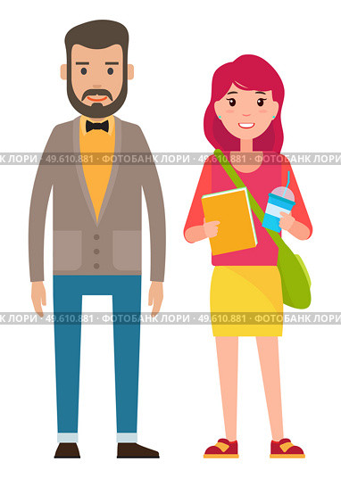 Man with beard and bow tie and cute young girl. Man standing near woman holding book and glass with a drink. Family characters father and daughter. Adult man and smiling girl student. Married couple. Man with beard and cute young girl. Man standing near woman holding book and glass with a drink. Стоковая иллюстрация, агентство Ingram Publishing / Фотобанк Лори