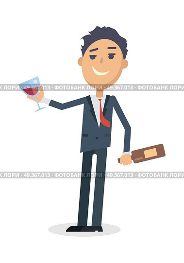 Man with Bottle of Wine Isolated on White. Vector. Man with bottle of wine and glass isolated on white. Young man toast the success. Drunk boy with alcohol. Alcohol addicted person with a bottle. Alcoholism. Vector illustration in flat style. Стоковая иллюстрация, агентство Ingram Publishing / Фотобанк Лори