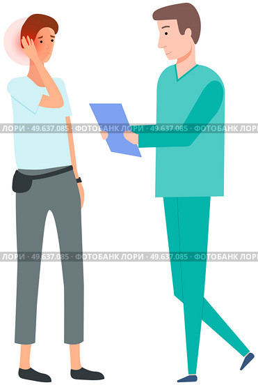 Man with pain in ear in consultation with doctor. Medical specialist consults patient with earache. Young guy grabs his hand to head. Male character complains about painful sensations in ear. Patient complains about painful sensations in ear. Man with earache in consultation with doctor. Стоковая иллюстрация, агентство Ingram Publishing / Фотобанк Лори