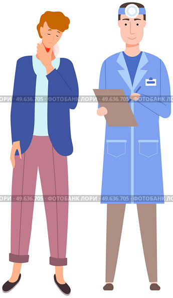 Man with pain in throat in consultation with doctor. Otolaryngologist consults patient with sore throat. Person suffering from pain. Painful sensations of sick person. Young man grabs his hand to neck. Man with pain in consultation with doctor. Otolaryngologist consults patient with sore throat. Стоковая иллюстрация, агентство Ingram Publishing / Фотобанк Лори