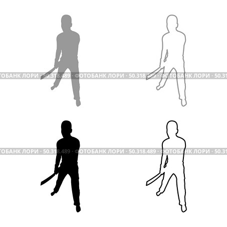 Man with sword machete Cold weapons in hand military man Soldier Serviceman in various positions Hunter with knife Fight poses Strong defender Warrior concept Weaponry Standing silhouette grey black color vector illustration solid outline style simple image. Man with sword machete Cold weapons in hand military man Soldier Serviceman in positions Hunter with knife Fight poses Strong defender Warrior concept Weaponry Stand silhouette grey black color vector illustration solid outline style image. Стоковая иллюстрация, агентство Ingram Publishing / Фотобанк Лори