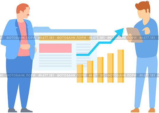 Manager makes presentation of statistical report analysis charts. Planning business. Teamwork consulting for project management, financial reporting and strategy. Data analysis research statistics. Manager makes a presentation of a statistical report. Analysis and planning business concept. Стоковая иллюстрация, агентство Ingram Publishing / Фотобанк Лори