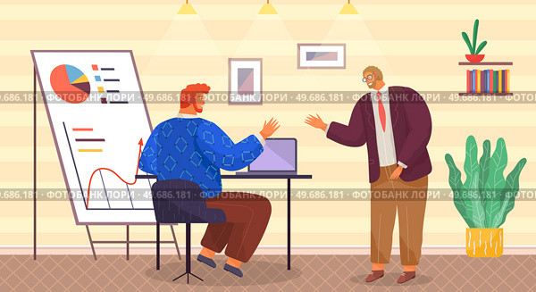 Manager makes presentation of statistical report analysis charts. Planning business. Teamwork consulting for project management, financial reporting and strategy. Data analysis research statistics. Manager makes a presentation of a statistical report. Analysis and planning business concept. Стоковая иллюстрация, агентство Ingram Publishing / Фотобанк Лори