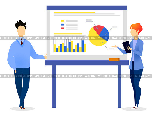 Managers presenting schema with diagrams and charts about business project. Office workers on appointment, presentation of plan. Woman and man stand near data board. Vector illustration in flat style. Woman and Man, Managers Present Schema on Meeting. Стоковая иллюстрация, агентство Ingram Publishing / Фотобанк Лори