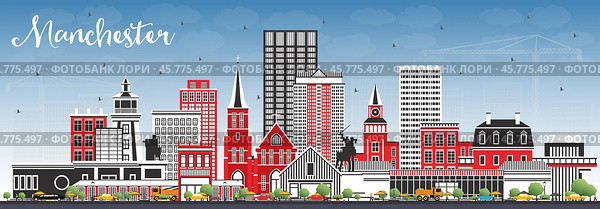 Manchester New Hampshire City Skyline with Gray Buildings and Blue Sky. Стоковая иллюстрация, иллюстратор Игорь Сорокин / Фотобанк Лори