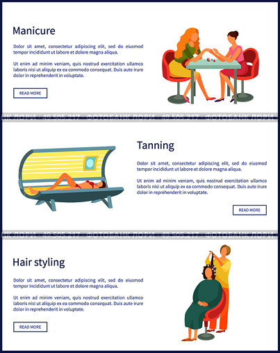 Manicure and tanning process in solarium for tan gaining, posters set text sample vector. hair styling by stylist, making wavy curls to woman client. Manicure and Tanning Process Posters Set Vector. Стоковая иллюстрация, агентство Ingram Publishing / Фотобанк Лори