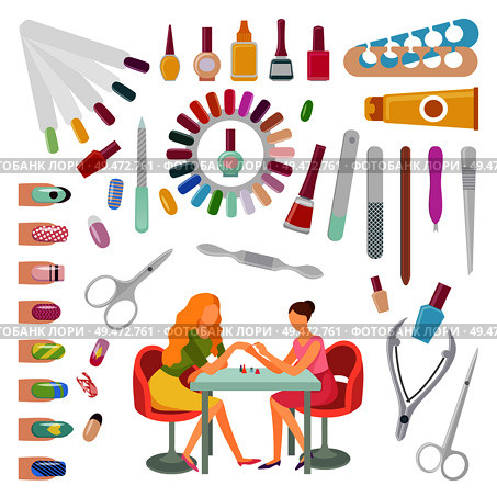 Manicure manicurist and tools nails polishing process. Set of isolated icons, file and scissors, lotions and separator toenails, essential oils vector. Manicure Manicurist and Tools Nails Set Vector. Стоковая иллюстрация, агентство Ingram Publishing / Фотобанк Лори