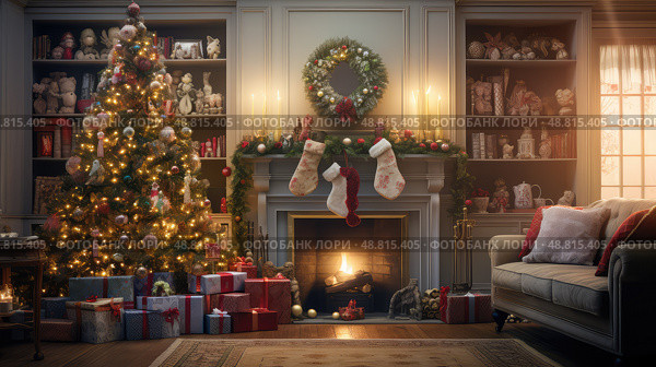 mantel blurred christmas interior ai generated. Стоковое AI-изображение, AI-художник Vectorwin / Фотобанк Лори