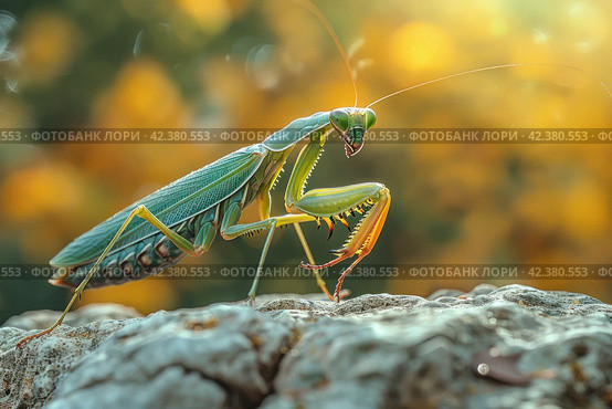 Mantis on a green background,Generative AI. Стоковое AI-изображение, AI-художник Анна Кривицкая / Фотобанк Лори
