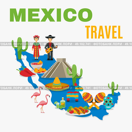 Map Mexico Background. Mexico map with traditional food birds costumes and history object on the white background vector illustration. Стоковая иллюстрация, агентство Ingram Publishing / Фотобанк Лори