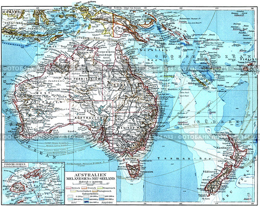 Map of Australia, Melanesia and New Zealand. Publication of the "Meyers encyclopedia", Vol. 6, Leipzig, Germany, 1910. Стоковая иллюстрация, иллюстратор Sergey Kohl / Фотобанк Лори
