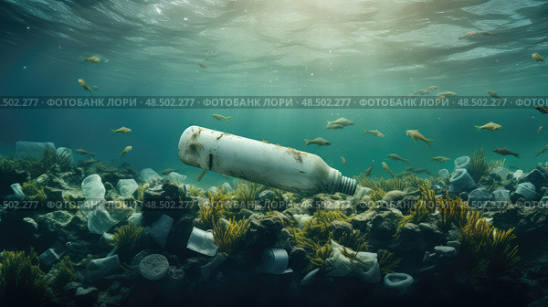 mare plastic bottles in ocean ai generated. Стоковое AI-изображение, AI-художник Vectorwin / Фотобанк Лори