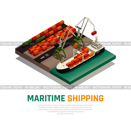 Maritime shipping isometric composition  illustrating cargo loading to barge in seaport   vector illustration. Стоковая иллюстрация, агентство Ingram Publishing / Фотобанк Лори