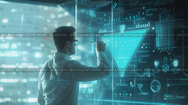 Marketer creating sales funnel diagram. Стоковое AI-изображение, AI-художник Anastasy Yarmolovich / Фотобанк Лори