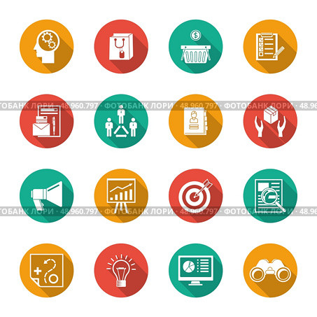 Marketer flat icons set with advertising effectiveness marketing analytics isolated vector illustration. Стоковая иллюстрация, агентство Ingram Publishing / Фотобанк Лори