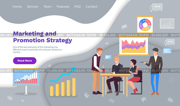 Marketing and promotion strategy website lading page template. Colleagues work with statistical indicators, analyze market. Promotion, advertising, business development, growth rates concept. Marketing and promotion strategy concept. Colleagues work with statistical indicators, analyze data. Стоковая иллюстрация, агентство Ingram Publishing / Фотобанк Лори