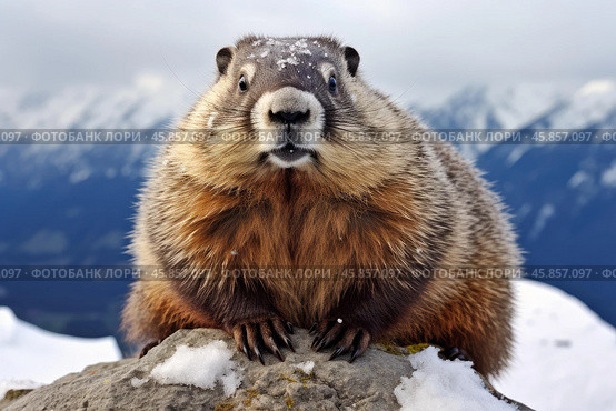 Marmot sitting on rock in snowy mountain landscape. Стоковое AI-изображение, AI-художник Иван Рябоконь / Фотобанк Лори