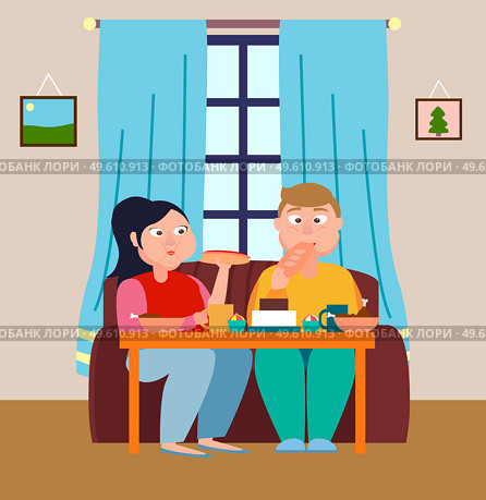 Married couple sitting on the couch and eating delicious hot dogs, cake, pastries, fried chicken, drink drinks. Overeat while at home. Gluttony. Stay home and do your favorite things. Flat image. Married couple at home, sitting on the couch and eating a lot of delicious food. Flat vector image. Стоковая иллюстрация, агентство Ingram Publishing / Фотобанк Лори