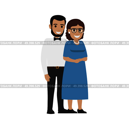 Married middle aged european couple. Average family isolated on white. Two romantic people in middle adulthood. Man in white shirt and trousers and woman wearing long blue dress and glasses. Married Middle Aged Couple. Average Family Vector. Стоковая иллюстрация, агентство Ingram Publishing / Фотобанк Лори