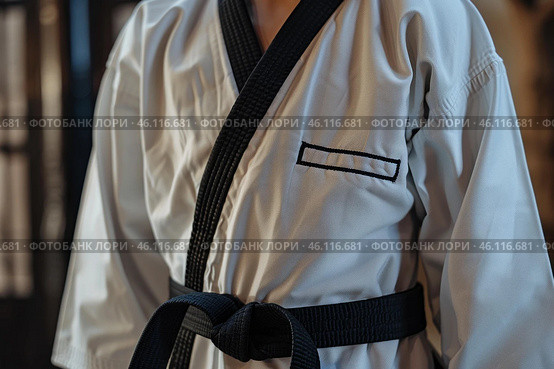 Martial artist wearing white dobok and black belt, embracing tradition and mastery. Стоковое AI-изображение, AI-художник Иван Рябоконь / Фотобанк Лори