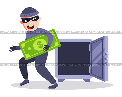 Masked burglar opened safe and stole money. Стоковая иллюстрация, иллюстратор Вячеслав Беспутин / Фотобанк Лори