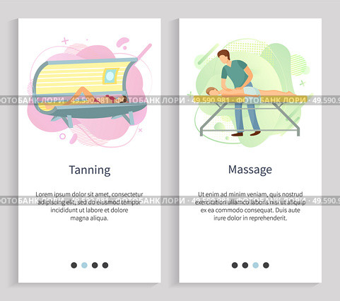 Massage vector, tanning in spa salon, woman in sunroom gaining hues of skin, masseur with client male massaging back of person on procedure. Website or slider app, landing page flat style. Tanning and Massage, Professional Care Vector. Стоковая иллюстрация, агентство Ingram Publishing / Фотобанк Лори