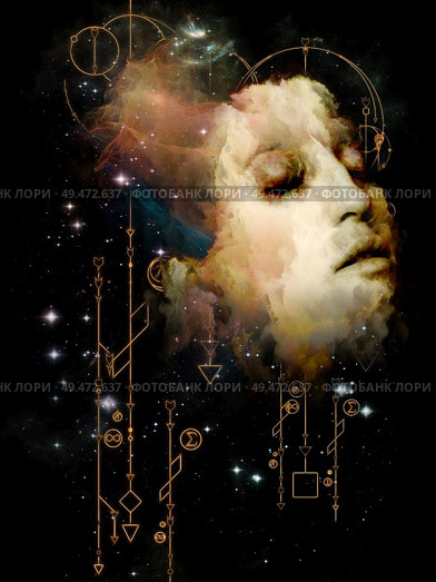 Math of Fate. Her Symbols series. Abstract portrait painting of young woman on subject of inner Self, astrology, the occult, witchcraft, magic and its symbols. Стоковое фото, агентство Ingram Publishing / Фотобанк Лори