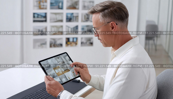 Mature architect reviewing various house project drafts on a digital tablet, working in a modern office with design samples displayed on the wall. Стоковое AI-изображение, AI-художник Юрий Поздников / Фотобанк Лори