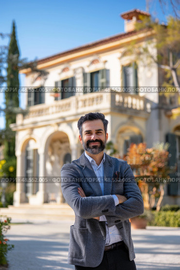 Mature man is standing in front of a grand, imposing house, looking directly at the camera. Стоковое AI-изображение, AI-художник Данила Большаков / Фотобанк Лори