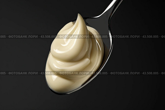 Mayonnaise on a boat on a black background. Close-up. View from above. Стоковое AI-изображение, AI-художник Ярославский Максим / Фотобанк Лори