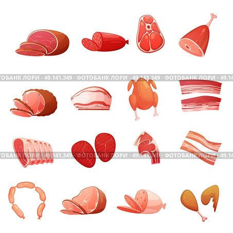 Meat Set Of Gastronomic Delicatessen. Meat icons set of gastronomic delicatessen with carbonate sausage frankfurters loin smoked fat isolated flat vector illustration . Стоковая иллюстрация, агентство Ingram Publishing / Фотобанк Лори