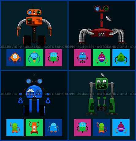 Mechanical robots with navigation systems set. Robots with special detectors, big buttons panels and powerful satellite dishes vector illustrations.. Mechanical Robots with Navigation Systems Set. Стоковая иллюстрация, агентство Ingram Publishing / Фотобанк Лори