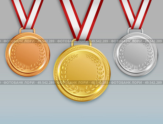Medal realistic set with images of golden silver and bronze medals for competition winners with ribbons vector illustration. Стоковая иллюстрация, агентство Ingram Publishing / Фотобанк Лори