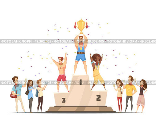 Medal Stand Honouring Composition. Podium winners man composition with journalists fans and male sportsman flat doodle style characters celebrating victory vector illustration. Стоковая иллюстрация, агентство Ingram Publishing / Фотобанк Лори