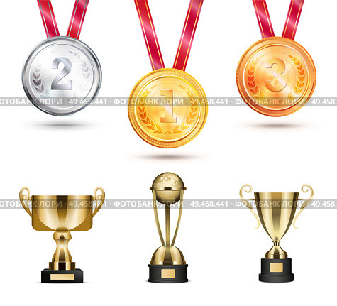 Medals trophies collection, set awards made of gold, silver and bronze cups different shapes vector illustration isolated on white color background. Medals and Trophies Collection Vector Illustration. Стоковая иллюстрация, агентство Ingram Publishing / Фотобанк Лори