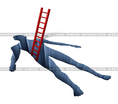 Medical exam and diagnosis with a human body shape hole and a red ladder searching inside as a health care concept for patient care finding a cure with invasive surgery of inner organs by a hospital doctor on a white background. Стоковое фото, агентство Ingram Publishing / Фотобанк Лори