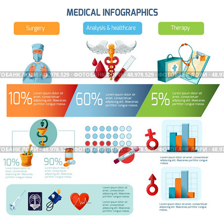 Medical infographics set with healthcare medicine therapy symbols and charts vector illustration. Стоковая иллюстрация, агентство Ingram Publishing / Фотобанк Лори