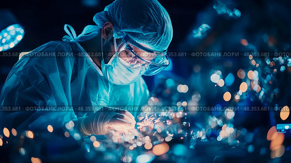 Medical Operation: A surgeon focused on a delicate procedure under bright lights. Стоковое AI-изображение, AI-художник Данила Большаков / Фотобанк Лори