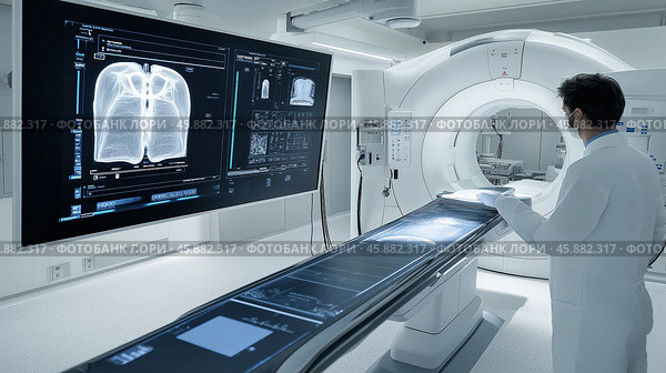 Medical professional operates advanced imaging equipment while analyzing scans in a modern hospital setting. Стоковое AI-изображение, AI-художник Михаил Коханчиков / Фотобанк Лори