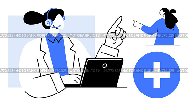 Medical professional sitting at a desk wearing a headset participating in a virtual consultation. Ideal for telemedicine, online healthcare, medical advice, health technology, virtual consultation. Medical Professional Using Laptop with Headset and Health Symbol. Стоковая иллюстрация, агентство Ingram Publishing / Фотобанк Лори