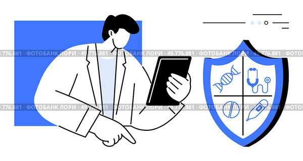 Medical professional uses tablet, considering shield symbols DNA, stethoscope, syringe, pill. Ideal for healthcare, medical advice, technology in health, telemedicine, research protection. Medical professional reviewing information on tablet with healthcare-themed shield for comprehensive care. Стоковая иллюстрация, агентство Ingram Publishing / Фотобанк Лори