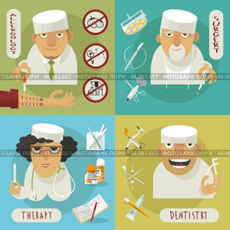 Medical therapeutic allergy test and dentistry surgeon extraction forceps 4 flat icons composition  abstract isolated vector illustration. Medicine doctor flat icons. Стоковая иллюстрация, агентство Ingram Publishing / Фотобанк Лори