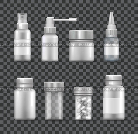 Medicaments set isolated on transparent background vector illustration, different bottles and flacons for drugs and pills, sprays and nasal drops. Medicaments Set Isolated on Transparent Background. Стоковая иллюстрация, агентство Ingram Publishing / Фотобанк Лори