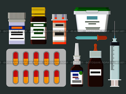 Medicines, sterile syringe and jar of ointment set. Pack of capsules, syrups for cough, big pipette and modern spray isolated vector illustrations.. Medicines, Sterile Syringe and Jar of Ointment Set. Стоковая иллюстрация, агентство Ingram Publishing / Фотобанк Лори