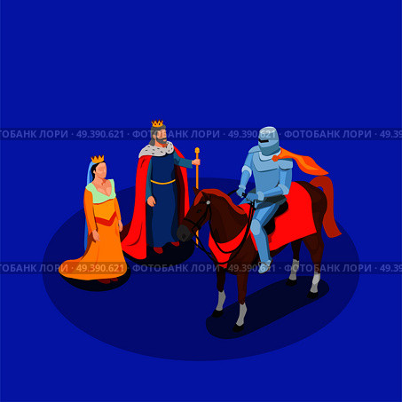 Medieval chivalry isometric composition king and queen knight in armor on horse on blue background vector illustration. Medieval Chivalry Isometric Composition. Стоковая иллюстрация, агентство Ingram Publishing / Фотобанк Лори
