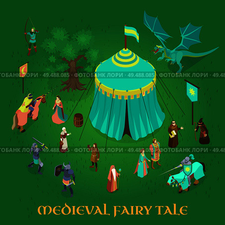 Medieval fairy tale with royal couple princess knights and dragon on green background isometric vector illustration. Стоковая иллюстрация, агентство Ingram Publishing / Фотобанк Лори