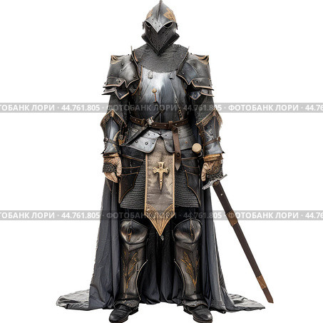 Medieval knight wearing full body armor standing with sword. Стоковое AI-изображение, AI-художник Иван Рябоконь / Фотобанк Лори