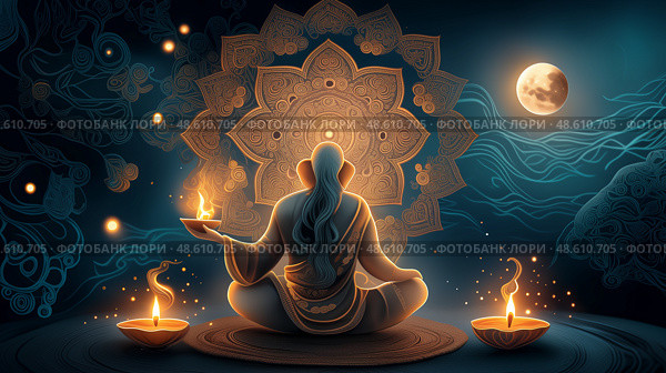 Meditating figure holding Diya under moonlight for Diwali night. Стоковое AI-изображение, AI-художник Лариса Пономарева / Фотобанк Лори